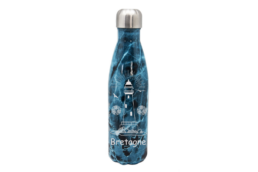 Gourde isotherme marbré bleue produit personnalisé Bretagne avec dessin de phare breton, idéale pour un souvenir utile et durable.