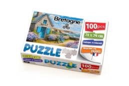 Puzzle 100 pièces produit personnalisé Bretagne représentant une maison et un vélo, idéal pour souvenirs et boutiques touristiques.