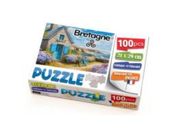 Puzzle 100 pièces produit personnalisé Bretagne représentant une maison et un vélo, idéal pour souvenirs et boutiques touristiques.