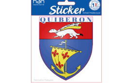 Sticker produit personnalisé Bretagne représentant le blason de Quiberon, idéal pour souvenirs et boutiques touristiques.
