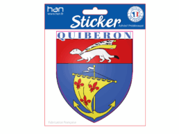 Sticker produit personnalisé Bretagne représentant le blason de Quiberon, idéal pour souvenirs et boutiques touristiques.
