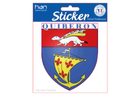 Sticker produit personnalisé Bretagne représentant le blason de Quiberon, idéal pour souvenirs et boutiques touristiques.