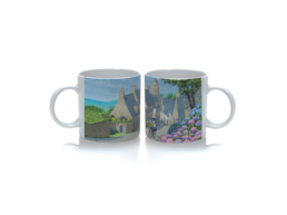 Tasse expresso produit personnalisé Bretagne avec motif bigoudène à vélo, idéale pour souvenirs et boutiques touristiques.