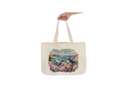 Tote bag produit personnalisé Bretagne avec motif macareux, idéal pour souvenirs, boutiques touristiques et usage quotidien.