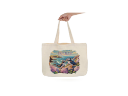 Tote bag produit personnalisé Bretagne avec motif macareux, idéal pour souvenirs, boutiques touristiques et usage quotidien.