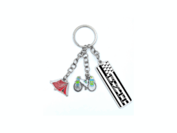 Porte-clé doming produit personnalisé Bretagne avec vélo, tente et Gwenn ha Du, souvenir idéal pour les amoureux de la région.