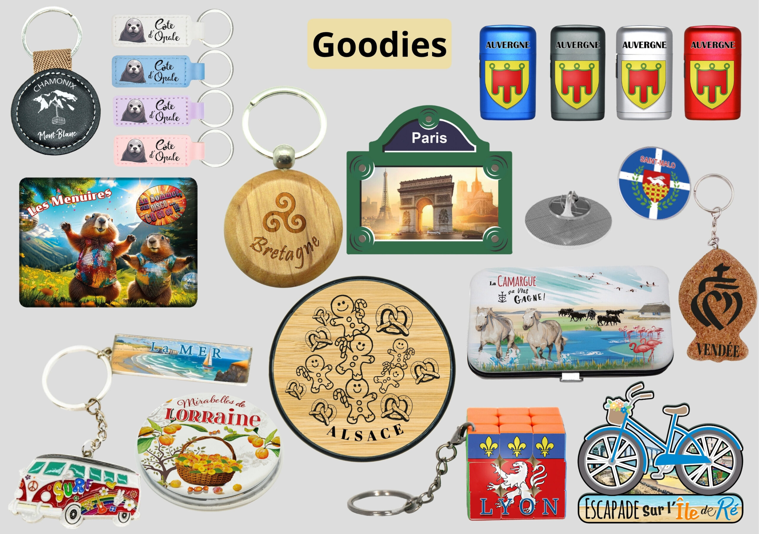 Goodies personnalisés en France : porte-clés, magnets, briquets, pin’s, set manucure et chargeur induction souvenir