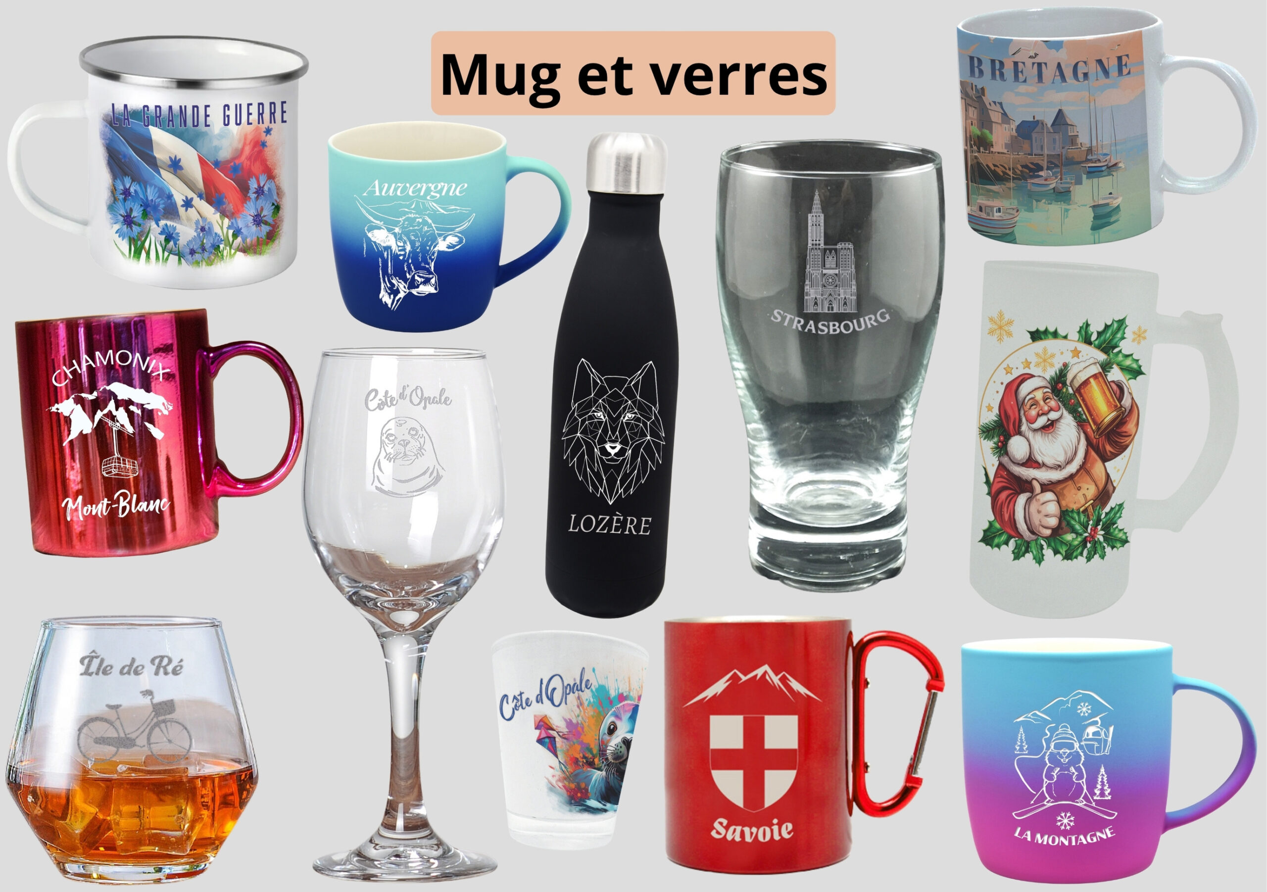 Panachage de mugs céramique et métal, gourdes, verres personnalisés pour souvenirs régionaux Made in France