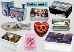 Boîtes métal personnalisées à l’image de votre région, à garnir de douceurs ou de savons artisanaux Made in France. Idéal pour boutiques de souvenirs.