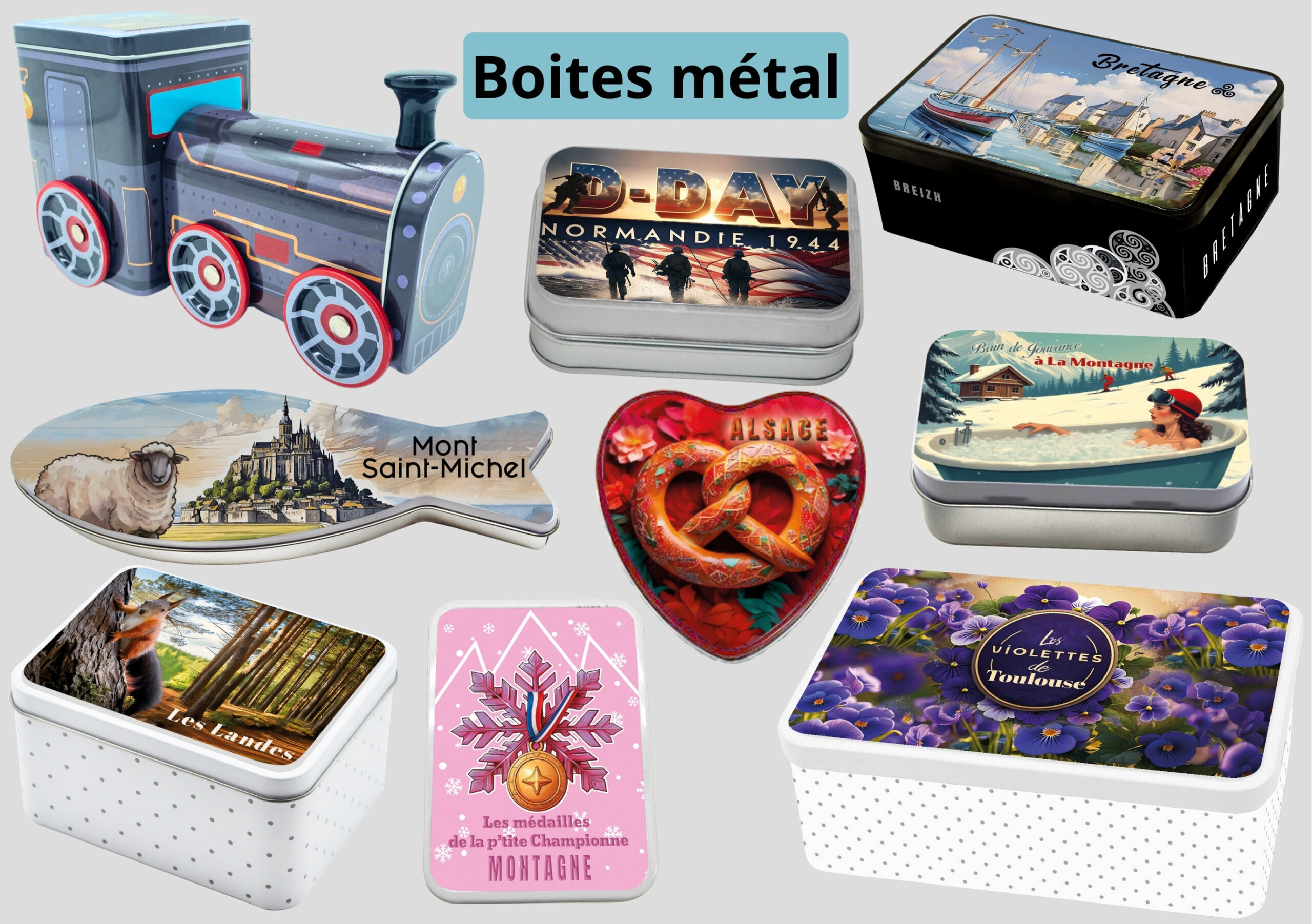 Boîtes métal personnalisées à l’image de votre région, à garnir de douceurs ou de savons artisanaux Made in France. Idéal pour boutiques de souvenirs.