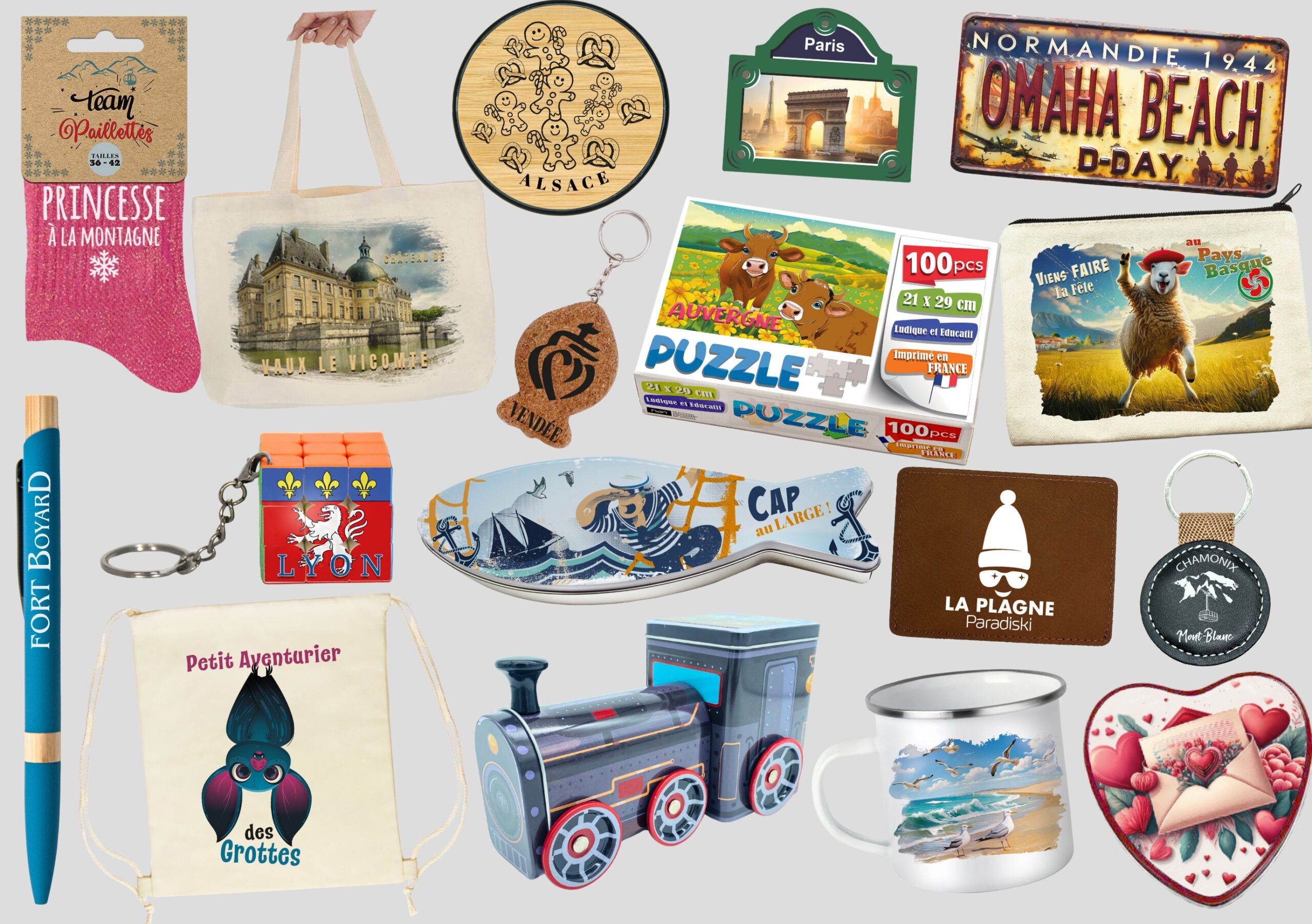 Visuel produits personnalisés France – souvenirs régionaux pour boutiques et offices de tourisme