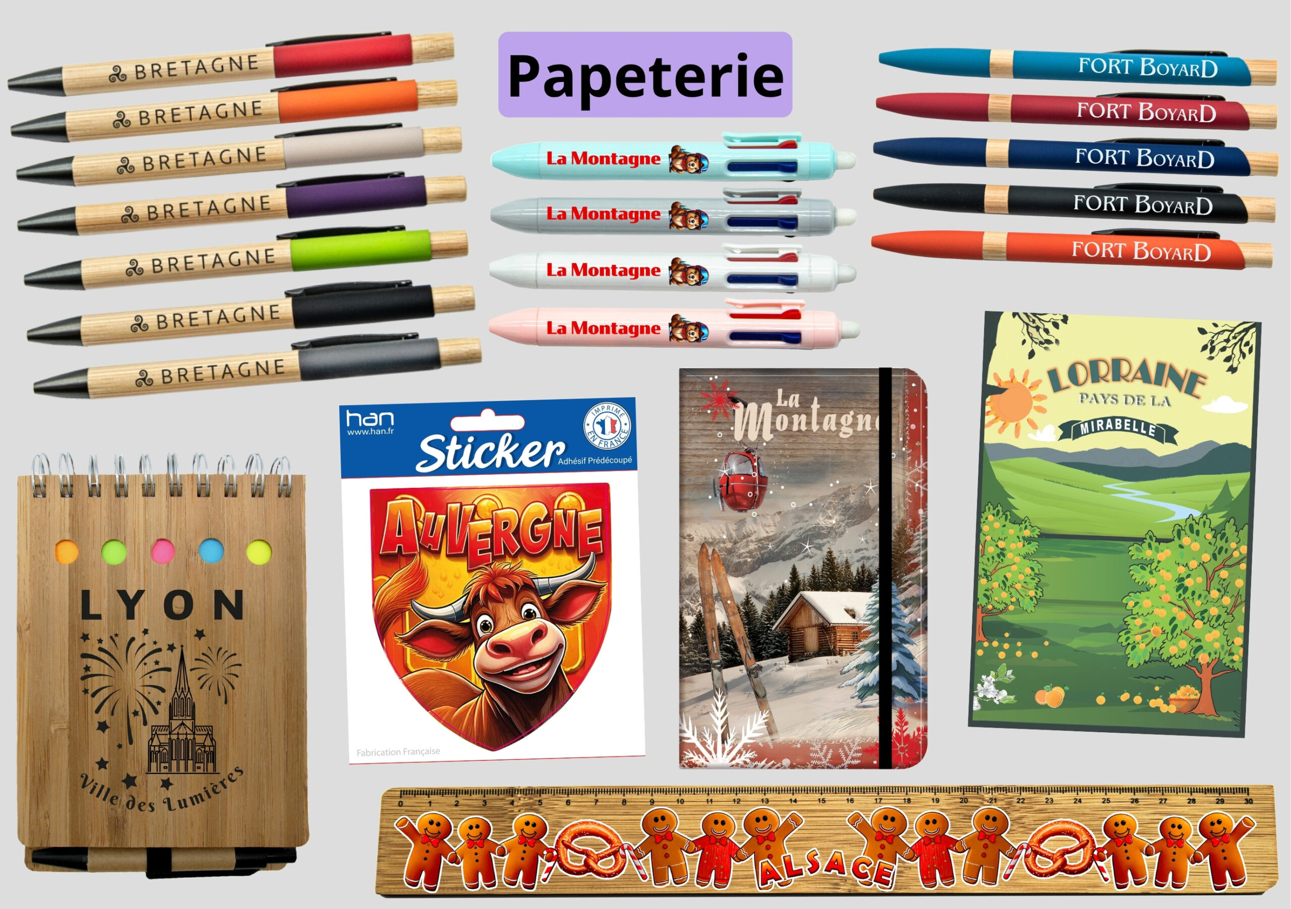 Papeterie souvenir personnalisée en France : stylos, calepins, règles, stickers et cartes postales touristiques