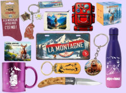Panachage de produits personnalisés montagne : souvenirs décorés pour Savoie, Alpes, Pyrénées, Vosges, Auvergne
