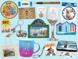 Panachage de produits personnalisés Bretagne : souvenirs avec triskell, bigoudène, Gwenn ha Du et macareux