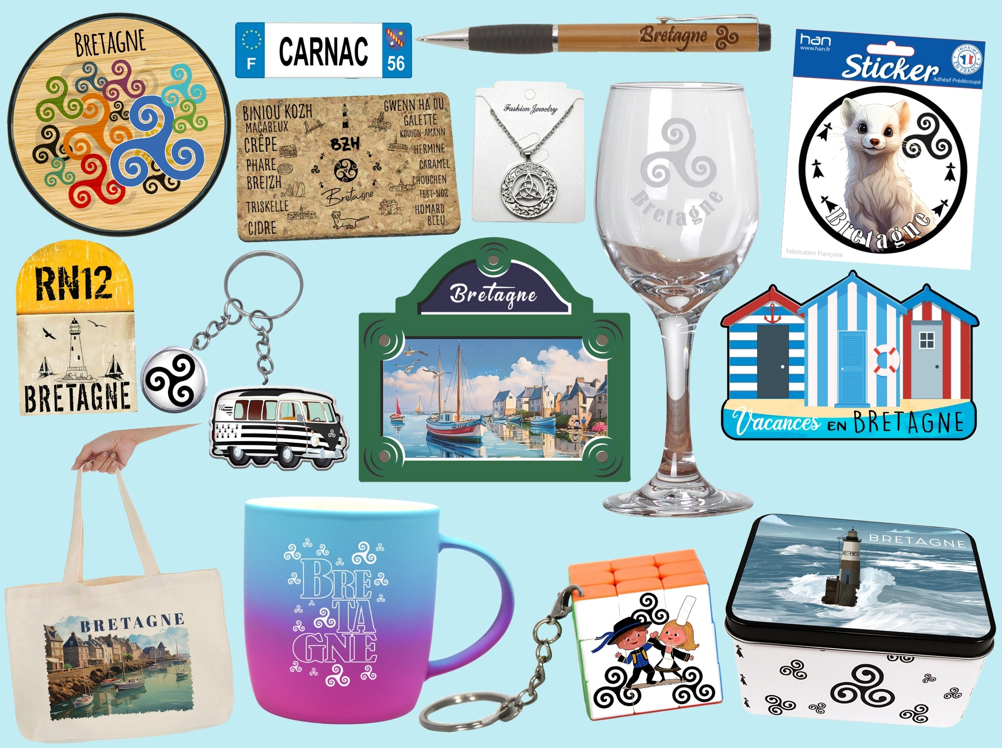 Panachage de produits personnalisés Bretagne : souvenirs avec triskell, bigoudène, Gwenn ha Du et macareux