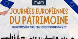 Visuel Journées Européennes du Patrimoine avec drapeau européen, ruban bleu et monuments, valorisation culturelle par le souvenir personnalisé