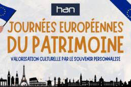 Visuel Journées Européennes du Patrimoine avec drapeau européen, ruban bleu et monuments, valorisation culturelle par le souvenir personnalisé