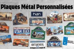 Montage de plaques personnalisées en métal, modèles immat 15x30 et plaques de rue 25x20, imprimées en UV quadri avec encres Greenguard Gold.
