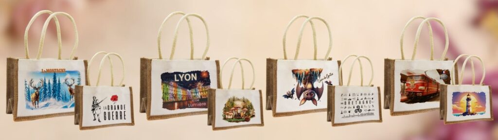 Montage de sacs en jute personnalisés avec différents visuels : montagne, Bretagne, mer, Lyon, Grande Guerre, champignons, train touristique et grotte.