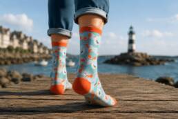 Personne portant des chaussettes humoristiques bord de mer avec motifs homards et mouettes sur un ponton en Bretagne