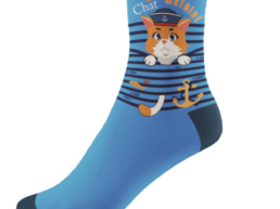 Chaussettes bleues avec chat marin et inscription Chat Matelot