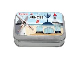 Bo&icirc;te comptoir D&eacute;lices de Vend&eacute;e avec moulin, phare et cabines de plage