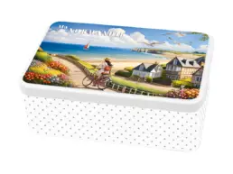 Boîte à sucre souvenir Normandie illustrée d'une femme à vélo face à la mer et aux falaises normandes