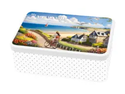 Bo&icirc;te &agrave; sucre souvenir Normandie illustr&eacute;e d'une femme &agrave; v&eacute;lo face &agrave; la mer et aux falaises normandes