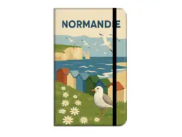 Carnet souvenir mer Normandie avec falaises, mouette et cabines de plage color&eacute;es