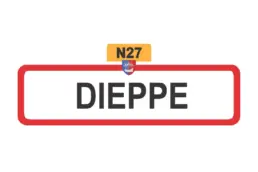 Magnet doming souvenir Dieppe représentant un panneau routier avec le nom de la ville