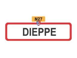 Magnet doming souvenir Dieppe représentant un panneau routier avec le nom de la ville