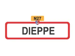 Magnet doming souvenir Dieppe repr&eacute;sentant un panneau routier avec le nom de la ville