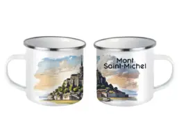 Mug fer &eacute;maill&eacute; souvenir Mont-Saint-Michel avec illustration aquarelle