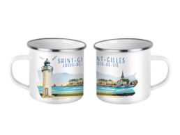 Mug fer &eacute;maill&eacute; Saint-Gilles-Croix-de-Vie avec phare et port de p&ecirc;che