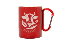 Mug métal rouge souvenir Normandie avec illustration de vache normande