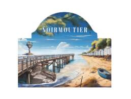 Plaque m&eacute;tal souvenir Noirmoutier avec ponton, plage et cabines blanches