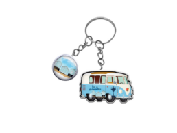 Porte-cl&eacute;s souvenir &Icirc;le de Noirmoutier avec van vintage et cabines de plage