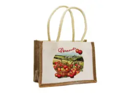 Sac en jute souvenir Normandie avec illustration de pommes et paysage normand