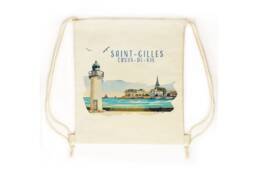 Sac pochon souvenir Saint-Gilles-Croix-de-Vie avec phare et vue sur le port