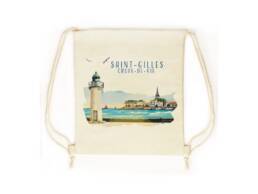 Sac pochon souvenir Saint-Gilles-Croix-de-Vie avec phare et vue sur le port