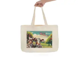 Tote bag souvenir Normandie avec deux vaches normandes dans un verger de pommiers