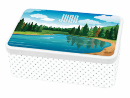 Bo&icirc;te &agrave; sucre souvenir Jura illustr&eacute;e d'un lac entour&eacute; de for&ecirc;ts