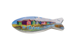 Boîte poisson métal souvenir Île d'Oléron avec cabanes colorées