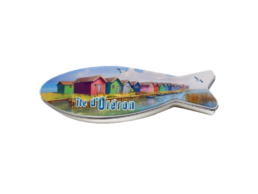 Bo&icirc;te poisson m&eacute;tal souvenir &Icirc;le d'Ol&eacute;ron avec cabanes color&eacute;es