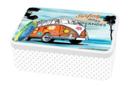 Boîte à sucre souvenir Landes avec combi vintage et planche de surf