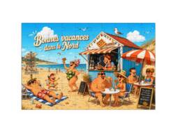 Carte puzzle souvenir Nord repr&eacute;sentant une sc&egrave;ne humoristique sur la plage