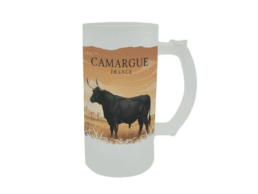 Chope &agrave; bi&egrave;re givr&eacute;e souvenir Camargue illustr&eacute;e d'un taureau noir