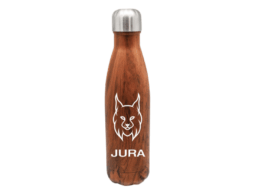 Gourde isotherme effet bois souvenir Jura avec t&ecirc;te de lynx