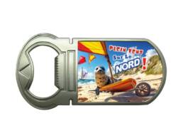 Magnet d&eacute;capsuleur m&eacute;tal souvenir Nord illustr&eacute; d'un phoque sur une plage
