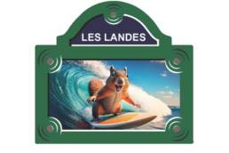 Magnet plaque de rue souvenir Landes avec écureuil sur une planche de surf